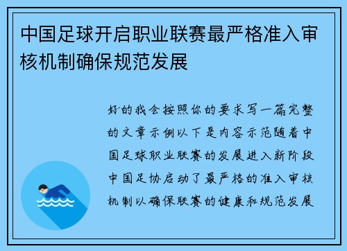 中国足球开启职业联赛最严格准入审核机制确保规范发展